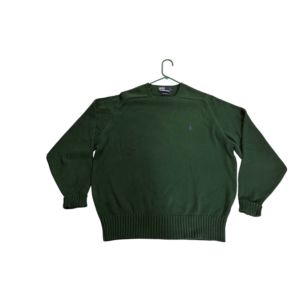 Polo Ralph Lauren Vintage Green Cotton Crewneck Sweater Purple Pony Mens XL